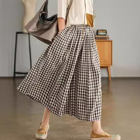 Damenhose aus Baumwoll-Leinen mit Karomuster