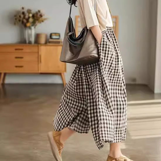 Damenhose aus Baumwoll-Leinen mit Karomuster