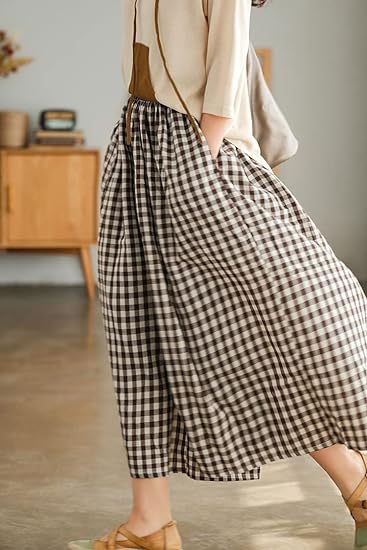 Damenhose aus Baumwoll-Leinen mit Karomuster