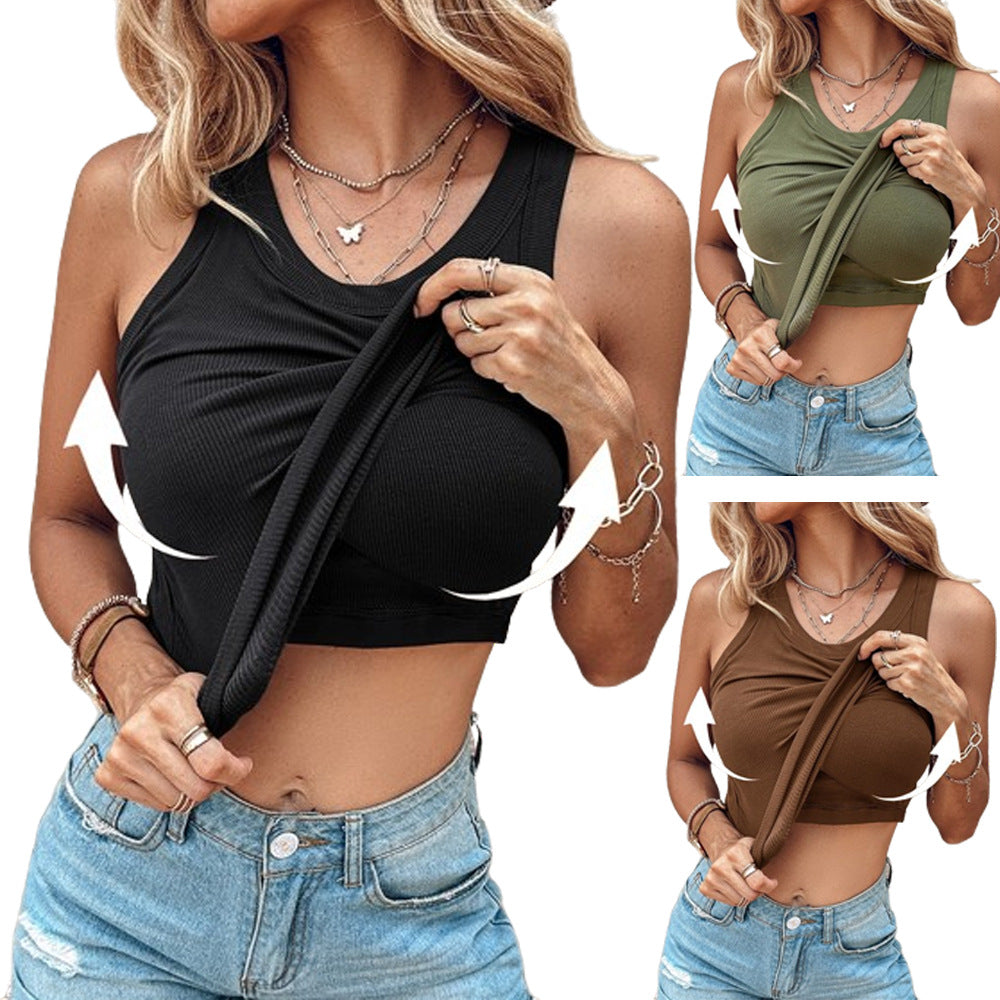 Round Neck Built-in Bra Ribbed Tank Top