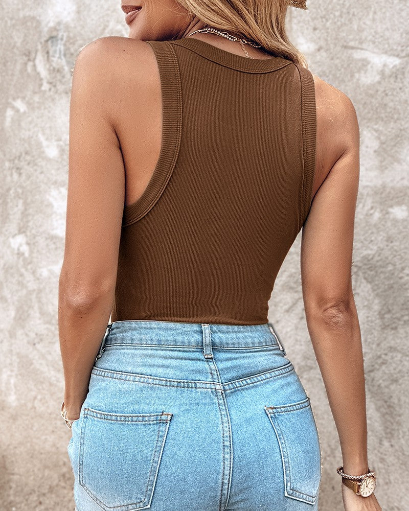 Round Neck Built-in Bra Ribbed Tank Top