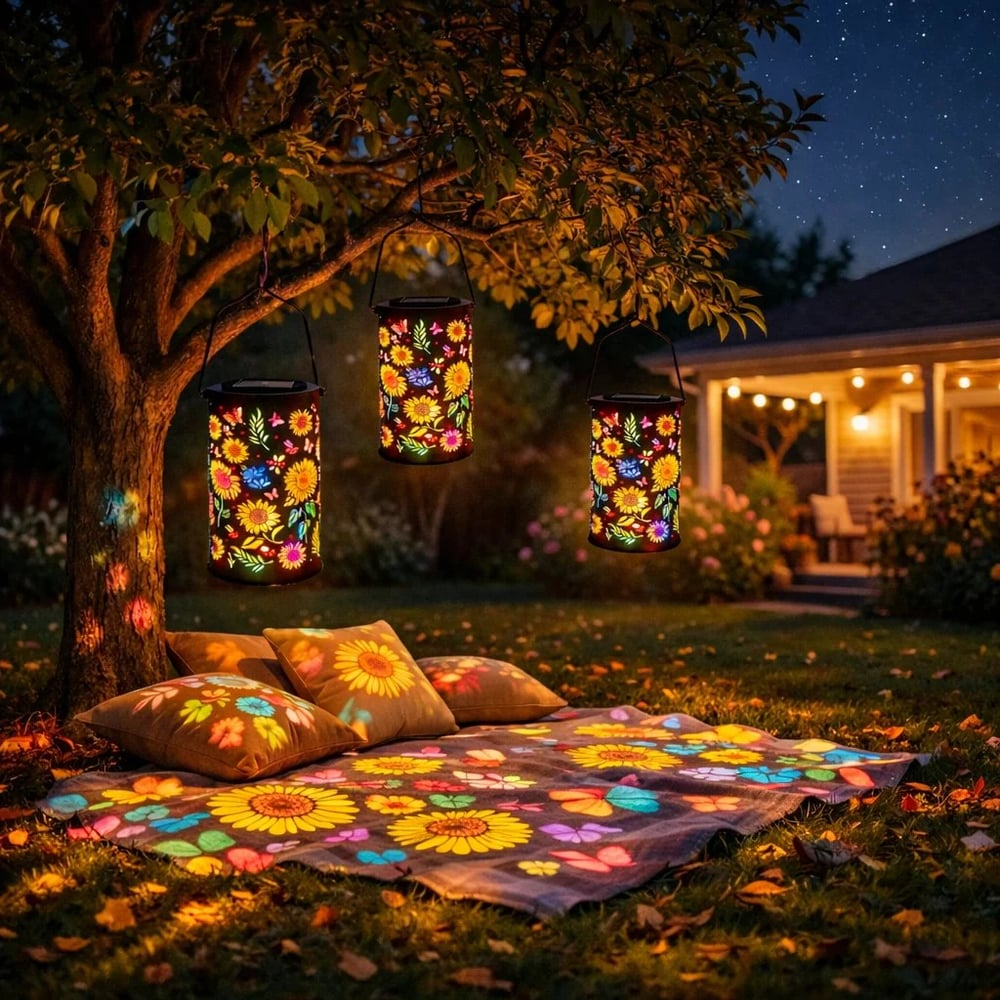 Bunte Solar-Gartenlaterne mit Sonnenblumen-Leuchten