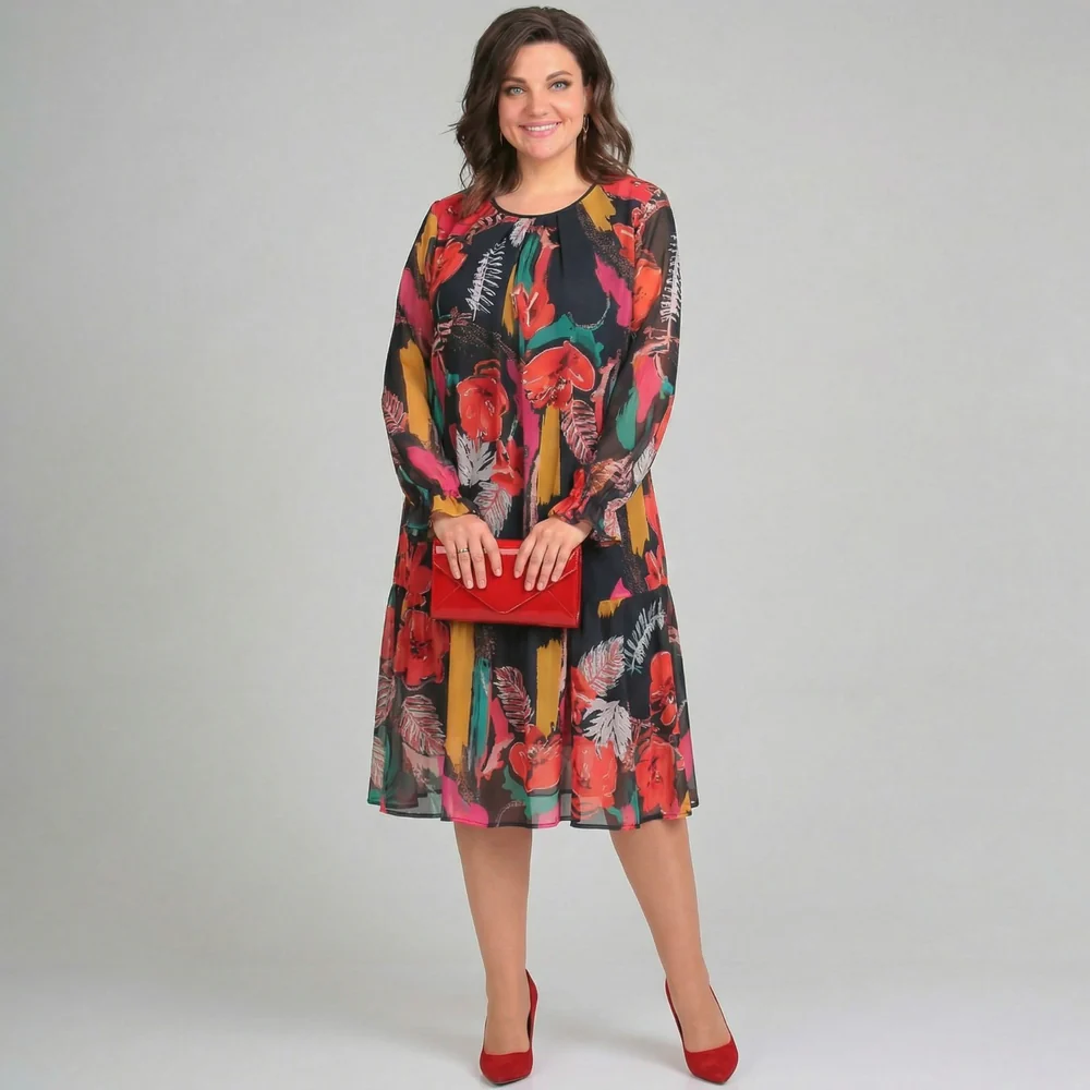 Kleid mit fließenden Ärmeln und lebendigem Print