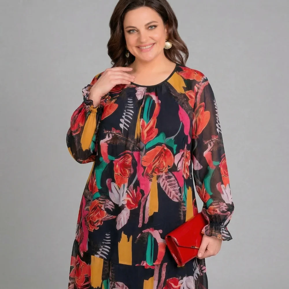 Kleid mit fließenden Ärmeln und lebendigem Print