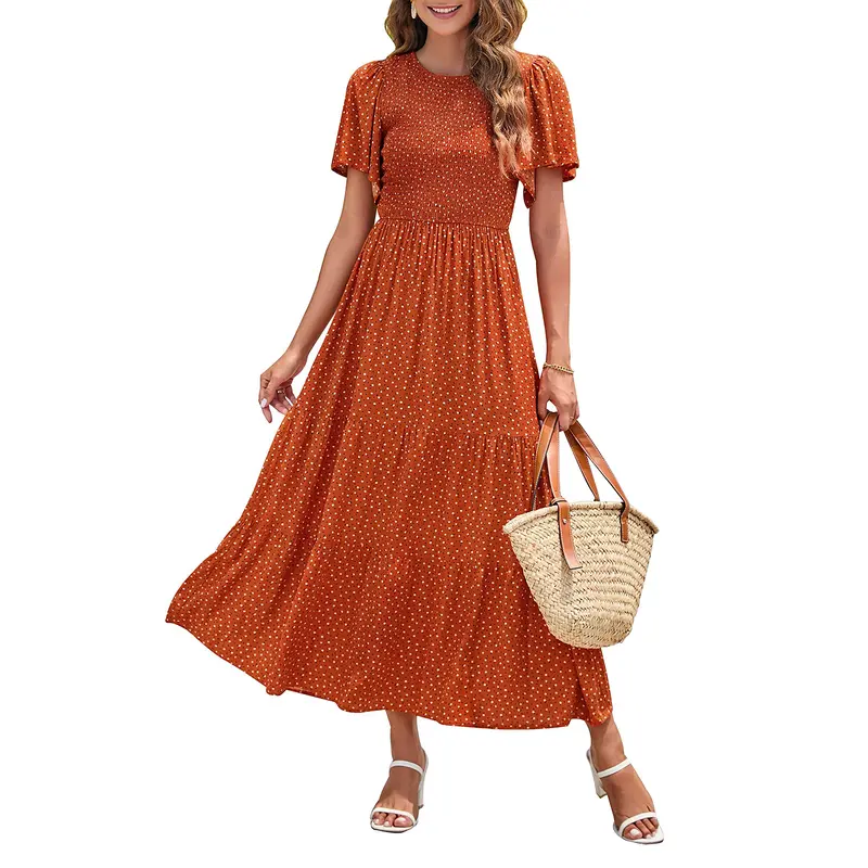 Geblümtes Gesmoktes Fließendes Maxikleid