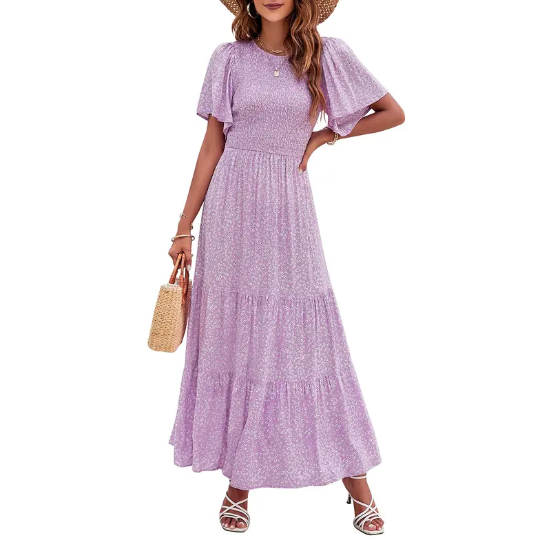 Geblümtes Gesmoktes Fließendes Maxikleid