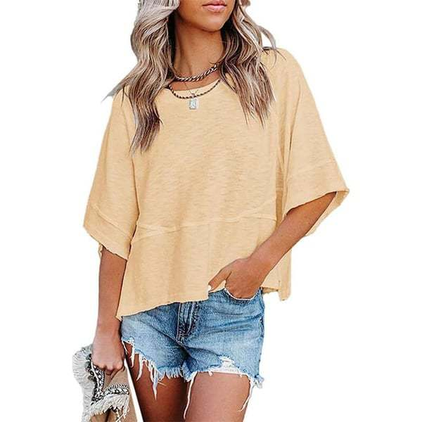 Women's Summer Casual Batwing Sleeve T-Shirt Crew Neck Loose Fit Basic Flowy Top Solid Color Half Sleeve Blouse
