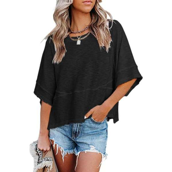 Women's Summer Casual Batwing Sleeve T-Shirt Crew Neck Loose Fit Basic Flowy Top Solid Color Half Sleeve Blouse