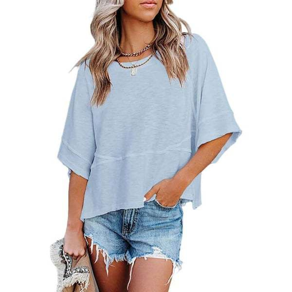 Women's Summer Casual Batwing Sleeve T-Shirt Crew Neck Loose Fit Basic Flowy Top Solid Color Half Sleeve Blouse