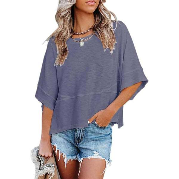Women's Summer Casual Batwing Sleeve T-Shirt Crew Neck Loose Fit Basic Flowy Top Solid Color Half Sleeve Blouse