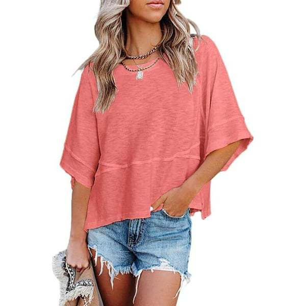 Women's Summer Casual Batwing Sleeve T-Shirt Crew Neck Loose Fit Basic Flowy Top Solid Color Half Sleeve Blouse