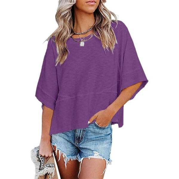 Women's Summer Casual Batwing Sleeve T-Shirt Crew Neck Loose Fit Basic Flowy Top Solid Color Half Sleeve Blouse