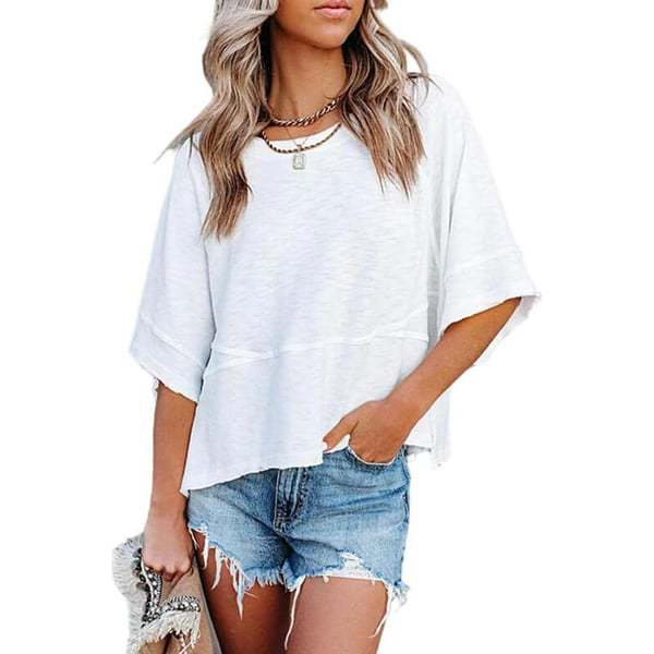 Women's Summer Casual Batwing Sleeve T-Shirt Crew Neck Loose Fit Basic Flowy Top Solid Color Half Sleeve Blouse