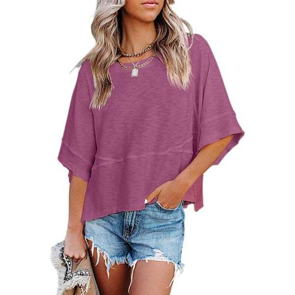 Women's Summer Casual Batwing Sleeve T-Shirt Crew Neck Loose Fit Basic Flowy Top Solid Color Half Sleeve Blouse