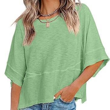 Women's Summer Casual Batwing Sleeve T-Shirt Crew Neck Loose Fit Basic Flowy Top Solid Color Half Sleeve Blouse