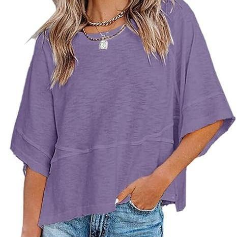 Women's Summer Casual Batwing Sleeve T-Shirt Crew Neck Loose Fit Basic Flowy Top Solid Color Half Sleeve Blouse