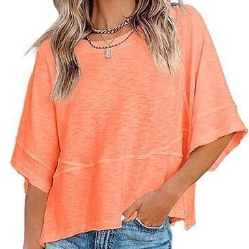 Women's Summer Casual Batwing Sleeve T-Shirt Crew Neck Loose Fit Basic Flowy Top Solid Color Half Sleeve Blouse