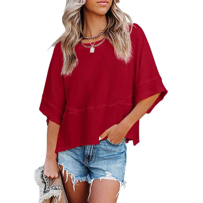 Women's Summer Casual Batwing Sleeve T-Shirt Crew Neck Loose Fit Basic Flowy Top Solid Color Half Sleeve Blouse
