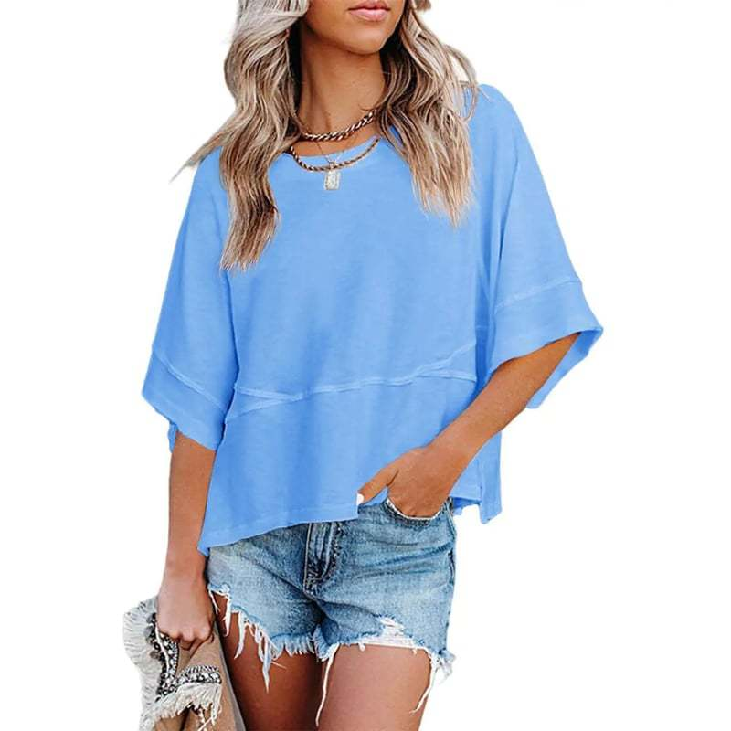 Women's Summer Casual Batwing Sleeve T-Shirt Crew Neck Loose Fit Basic Flowy Top Solid Color Half Sleeve Blouse