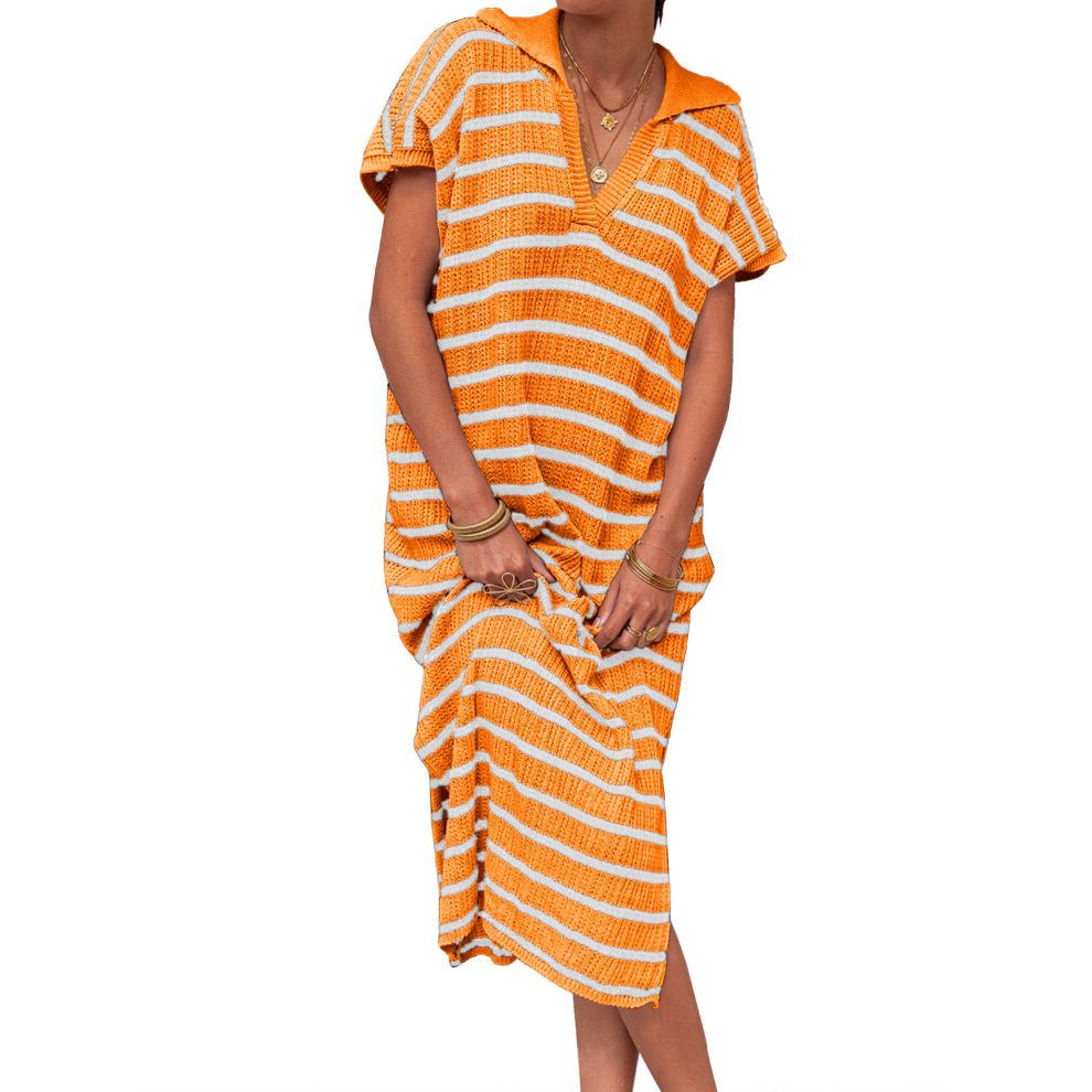 Gestreiftes Strickkleid mit V-Ausschnitt