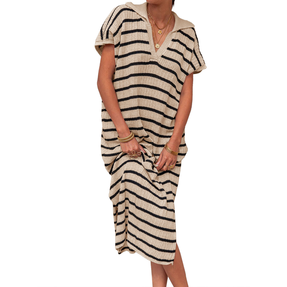 Gestreiftes Strickkleid mit V-Ausschnitt