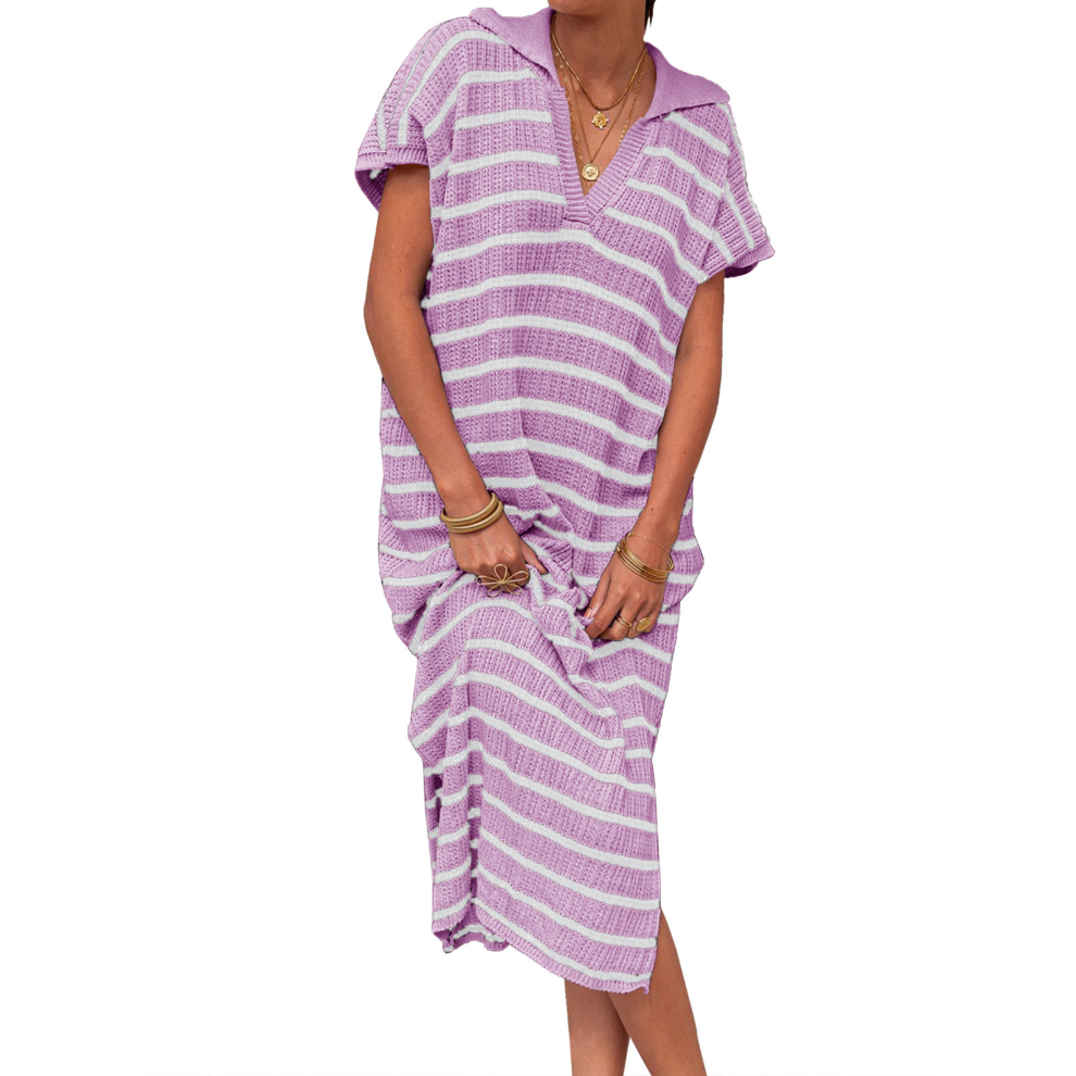 Gestreiftes Strickkleid mit V-Ausschnitt